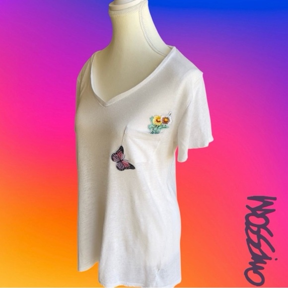 LINEN Blend White V-Neck T-Shirt with Butterfly and Floral Embroidery - Picture 2 of 9